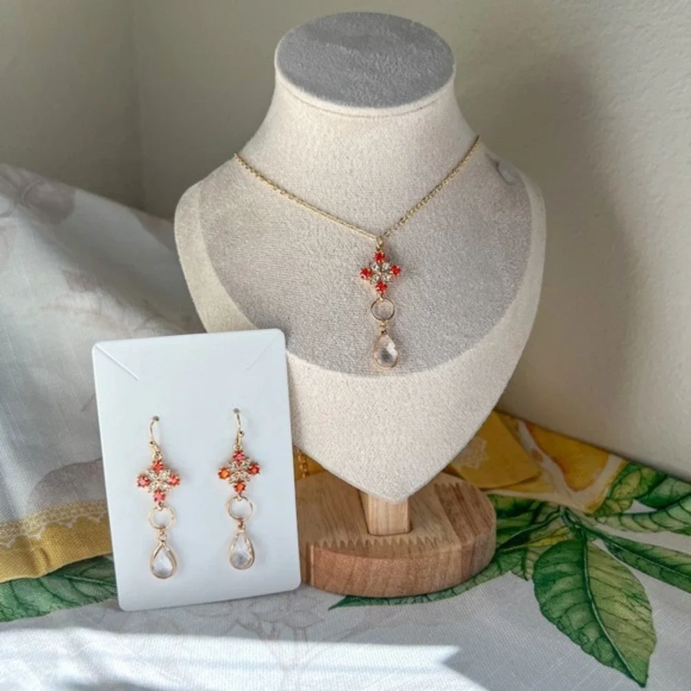 Orange Quartz Crystal Jewelry Set, Diamond Cross Shape, Mini Hoops, Casual - Picture 1 of 9